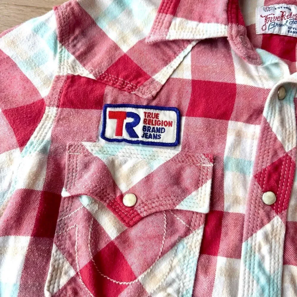 True Religion 56 Rebels Motorcycle Club Pearl Snap Plaid Shirt Red Medium Y2K